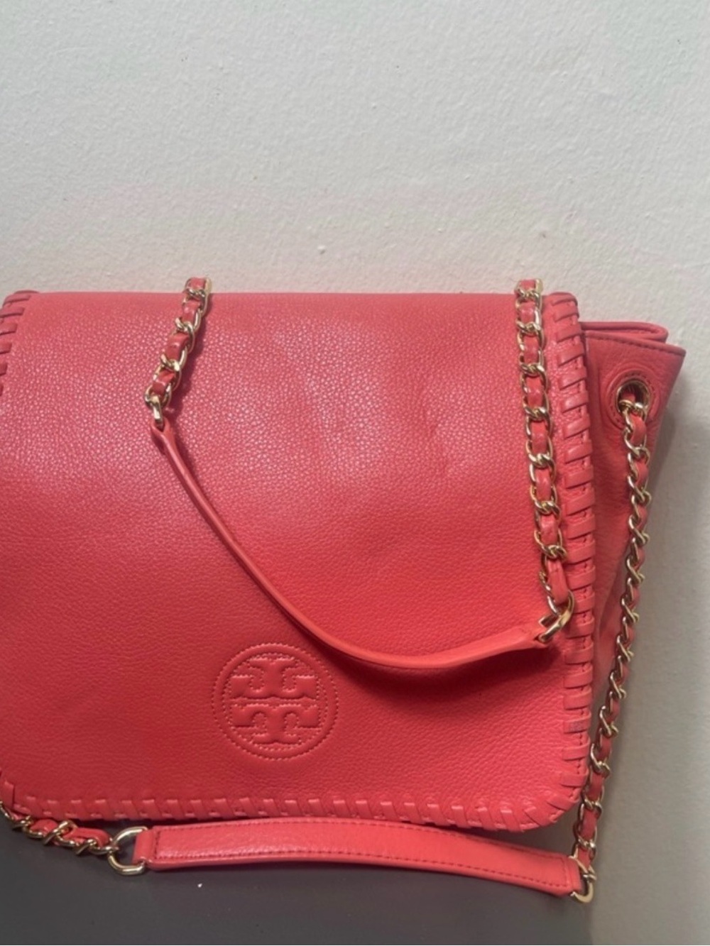 Tory Burch Coral Leather Chain Crossbody with Whipstitch Trim
